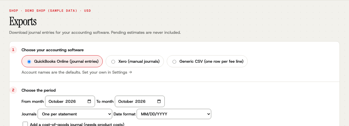 The Exports page: three steps to a journal file