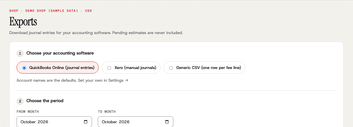 The Exports page: three steps to a journal file