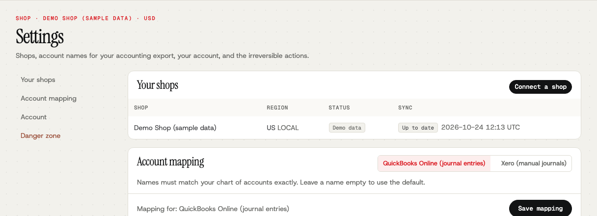 The Settings page listing connected shops