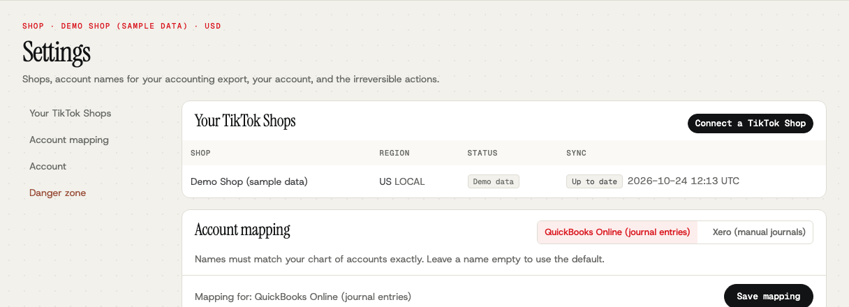 The Settings page listing connected shops